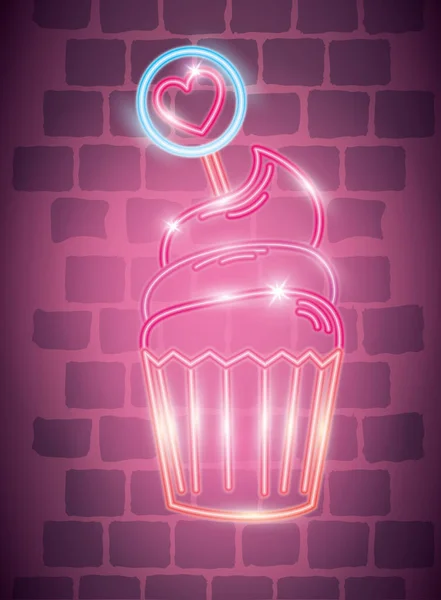 Cupcake in neon light, valentine day — Stock Vector