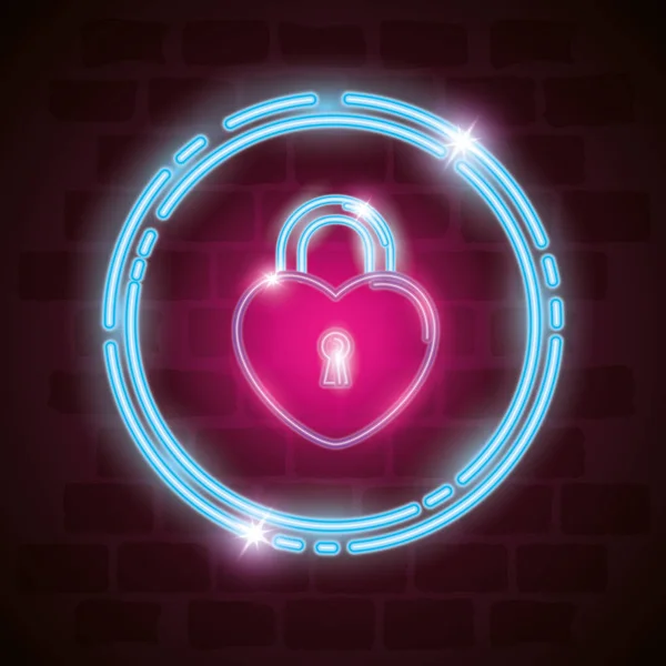 Security padlock with heart shaped in neon light — Stock Vector