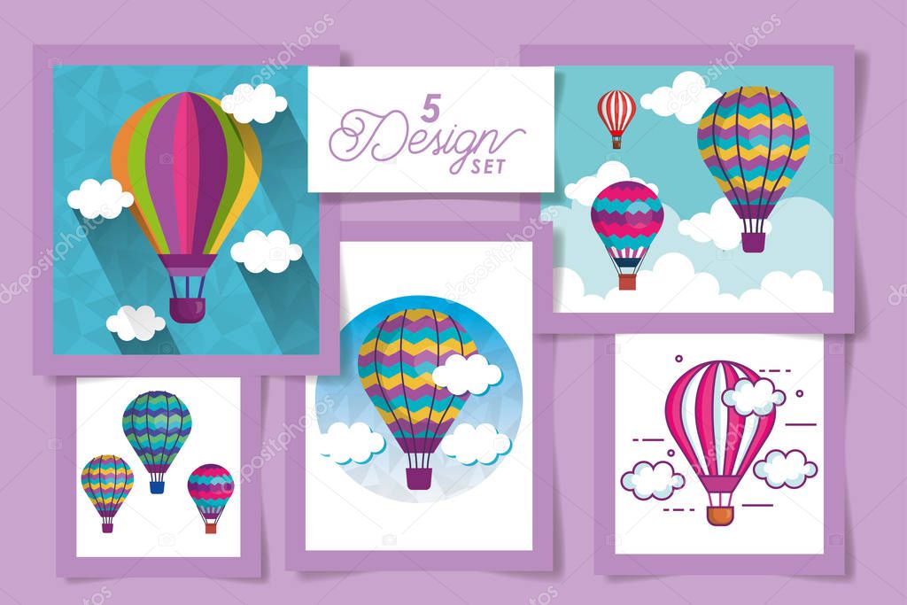 Five designs of hot air balloons and clouds