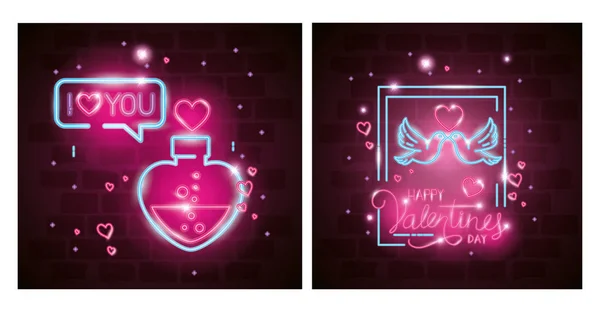 Kort av valentin i neonljus, Alla hjärtans dag — Stock vektor