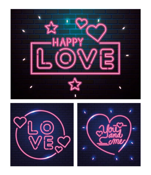 Juego de letras de luz de neón para el día de San Valentín — Vector de stock