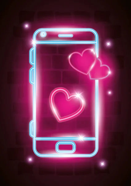 Smartphone met hartjes in neon licht — Stockvector