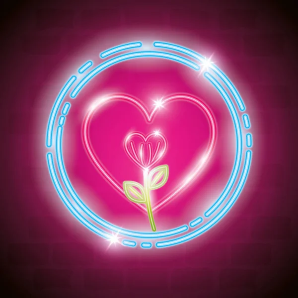 Kwiat z liśćmi w neonowym świetle, Walentynki — Wektor stockowy