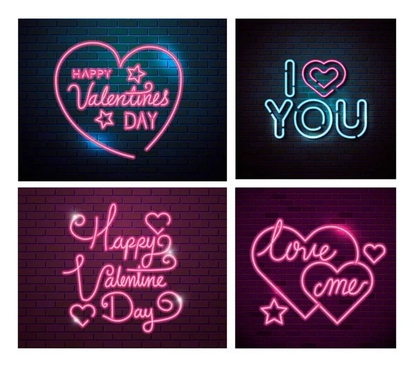 Juego de letras de luz de neón para el día de San Valentín — Vector de stock