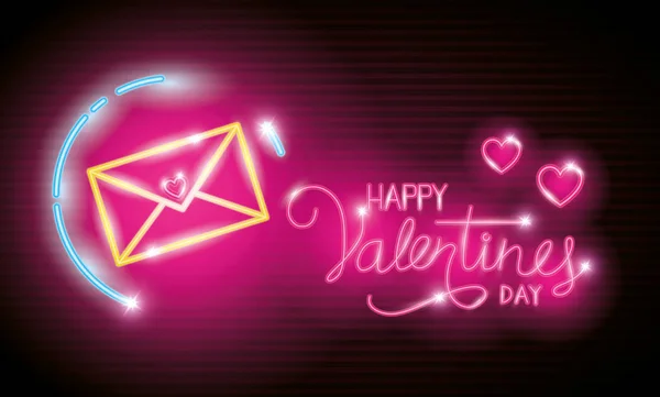 Happy valentines day label in neon light, icons valentine day — 스톡 벡터