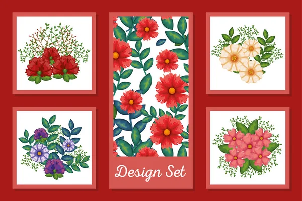 Spring flowers and leaves set vector design — Stock Vector