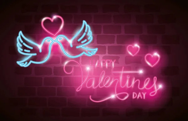 Feliz día de San Valentín etiqueta en luz de neón, iconos día de San Valentín — Archivo Imágenes Vectoriales