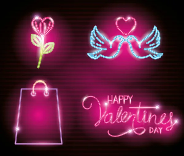 Set of valentine icons in neon light — Stock Vector