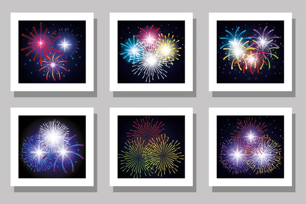 Celebration fireworks frames set vector design — 스톡 벡터