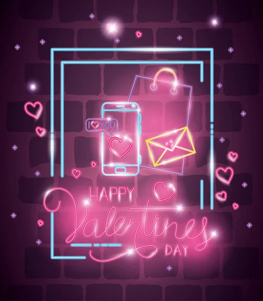 Happy valentines day label in neon light, icons valentine day — Stockový vektor