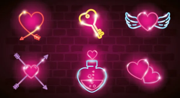 Valentin-ikonok készlete neon fényben — Stock Vector