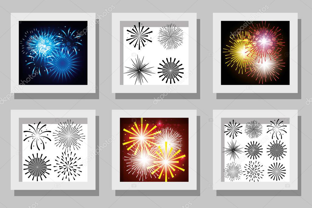 Celebration fireworks frames set vector design