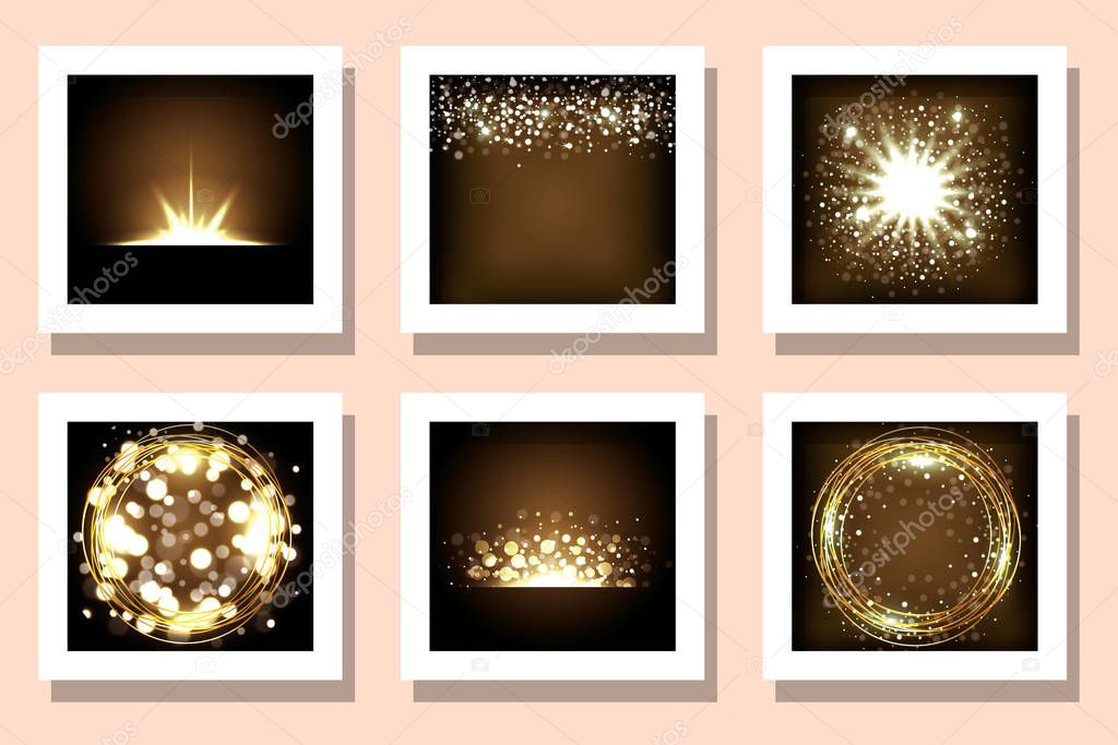 Celebration yellow fireworks frames set vector design