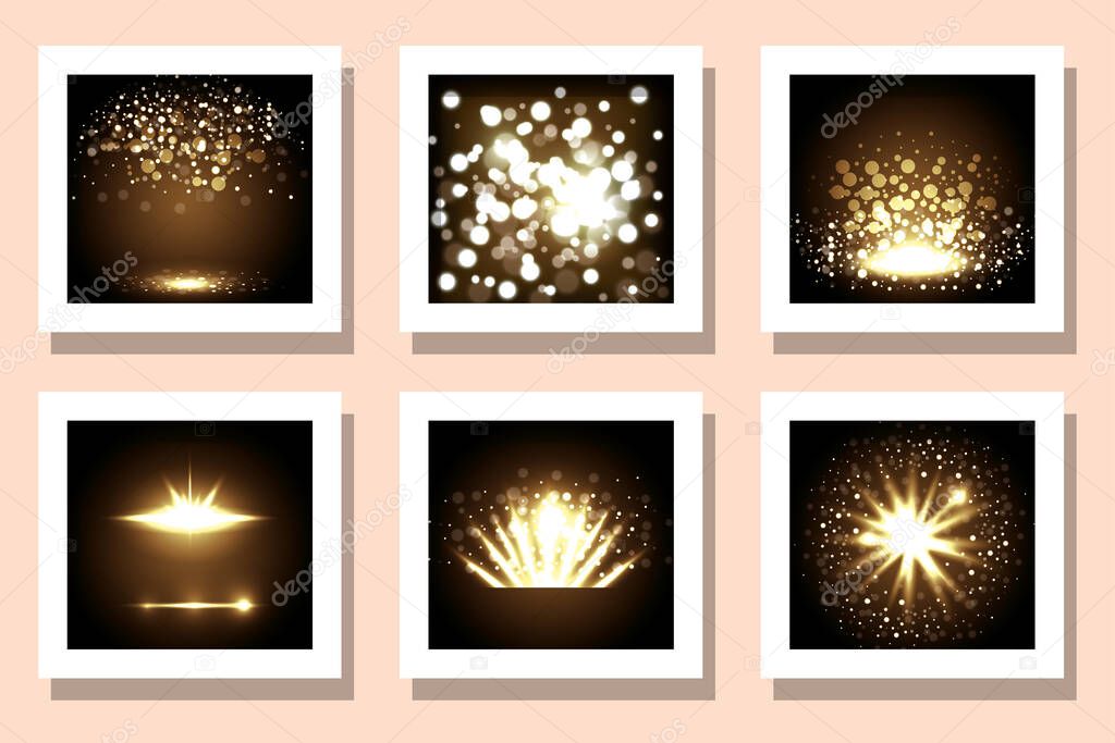 Celebration yellow fireworks frames set vector design