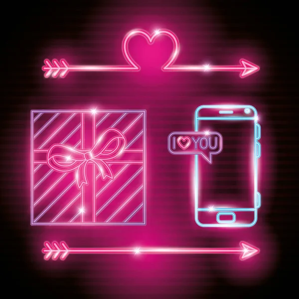 Set van valentijn iconen in neon licht — Stockvector