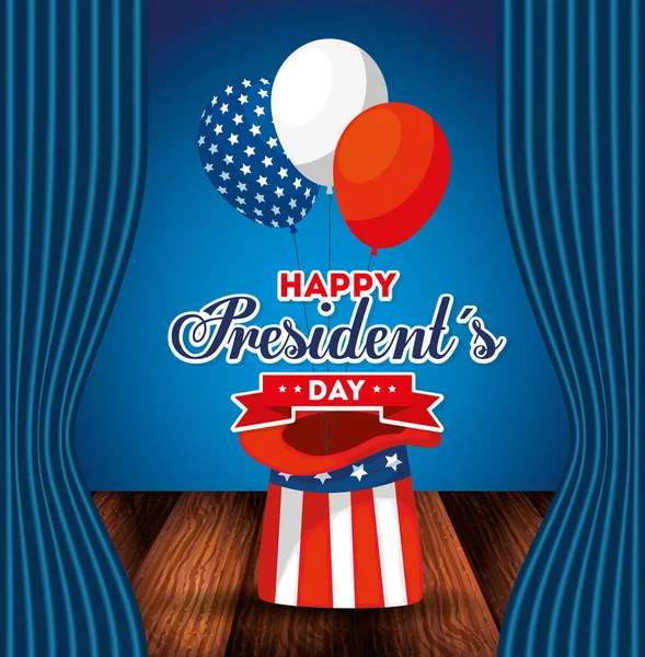 Cappello e palloncini di USA felici presidenti giorno vettoriale design — Vettoriale Stock