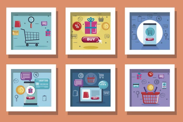 Paquetes de diseños de compras en línea con iconos — Vector de stock