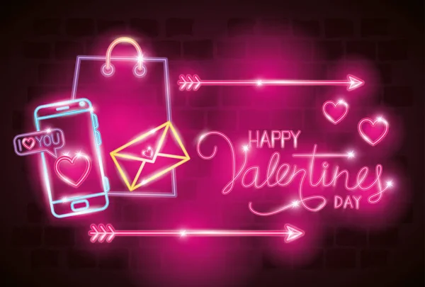 Glücklicher Valentinstag Etikett im Neonlicht, Symbole Valentinstag — Stockvektor