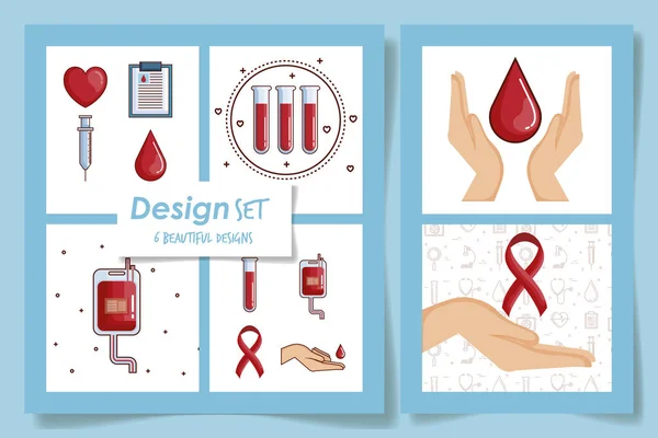 Six designs of blood donation and icons — 스톡 벡터