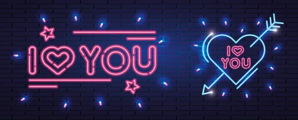 Set of lettering of neon light for valentines day — Stock Vector