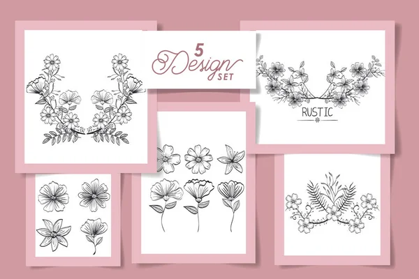 Cinq design de fleurs décoration rustique — Image vectorielle
