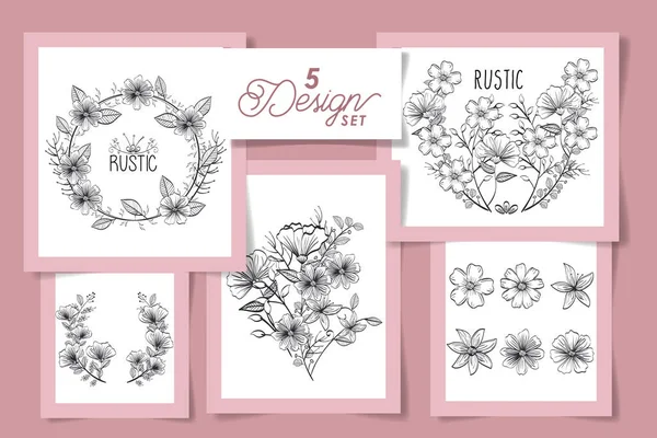 Fem design av blommor rustik dekoration — Stock vektor
