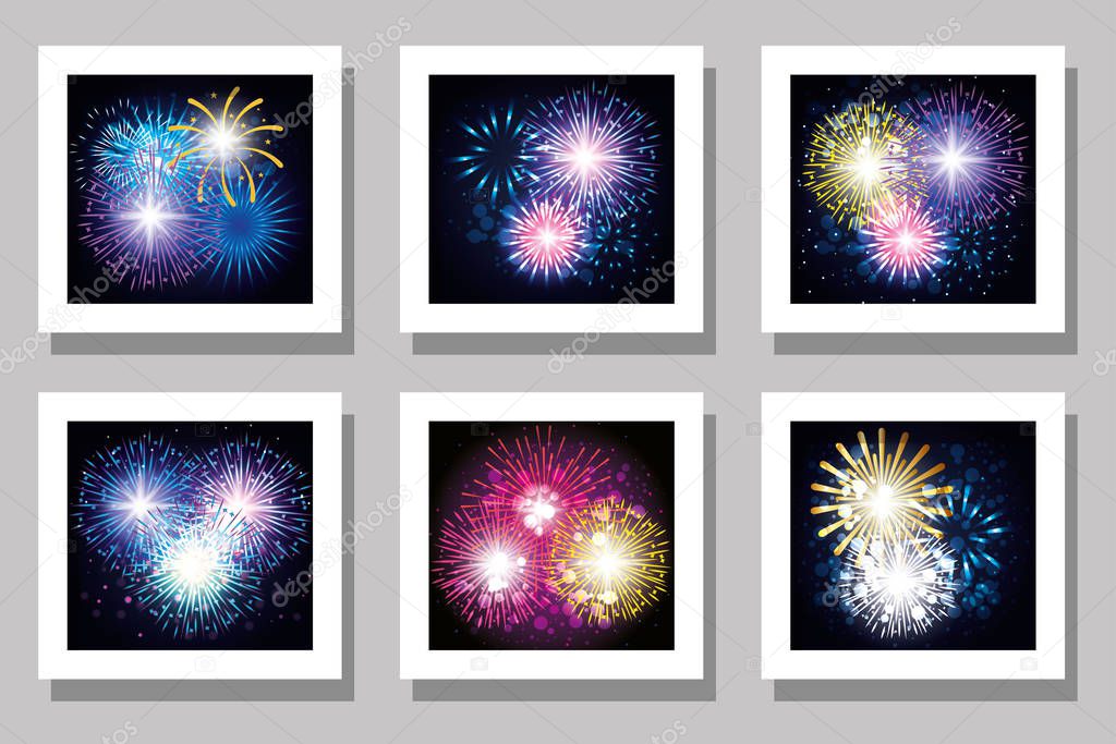 Celebration fireworks frames set vector design