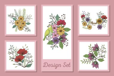 Çiçek seti ve sevimli kuş dizaynı