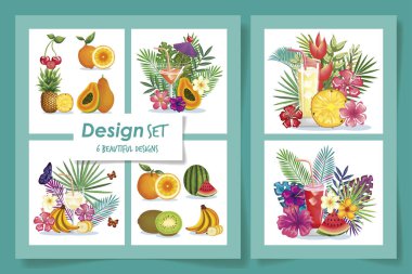 Çiçekli ve yapraklı altı meyve dizaynı