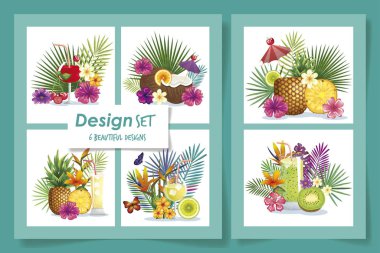 Çiçekli ve yapraklı altı meyve dizaynı