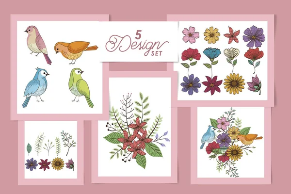 П'ять дизайнів квітів і милих птахів — стоковий вектор