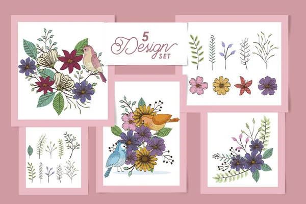 Πέντε σχέδια λουλουδιών και χαριτωμένων πουλιών — Διανυσματικό Αρχείο
