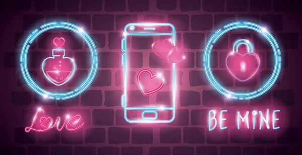 Set van valentijn iconen in neon licht — Stockvector