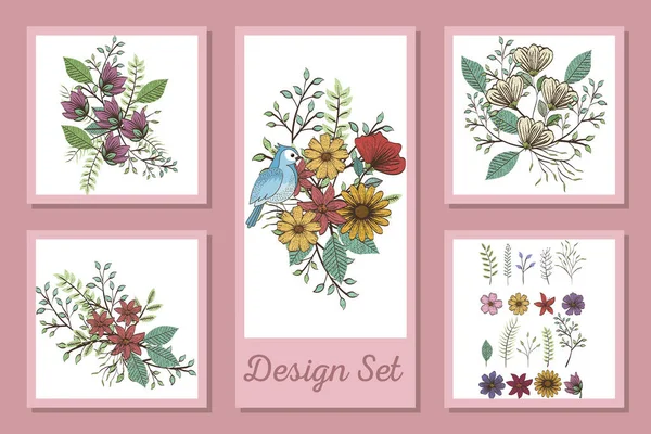 Σχέδια σύνολο λουλουδιών και χαριτωμένο πουλί — Διανυσματικό Αρχείο