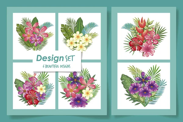 Zes ontwerpen van bloemen en bladeren tropen — Stockvector