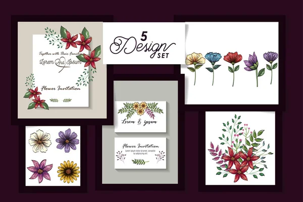 Pięć wzorów kart zaproszenie z dekoracji kwiatów — Wektor stockowy