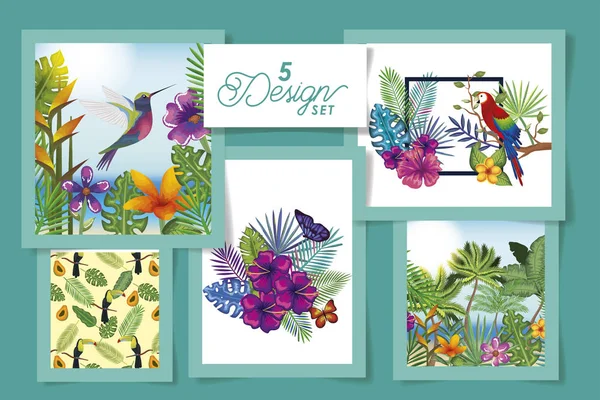 Cinque disegni di animali con fiori e foglie tropicali — Vettoriale Stock