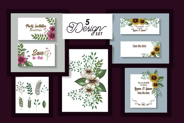 Cinq dessins de cartes invitation avec décoration de fleurs — Image vectorielle
