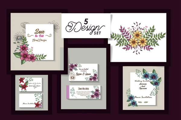 Fem mönster av kort inbjudan med blommor dekoration — Stock vektor