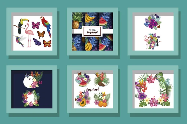 Faisceau de dessins animaux avec des fleurs tropicaux — Image vectorielle
