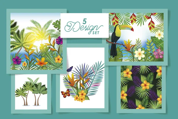 Fem mönster av blommor med blad tropicals och toucan — Stock vektor