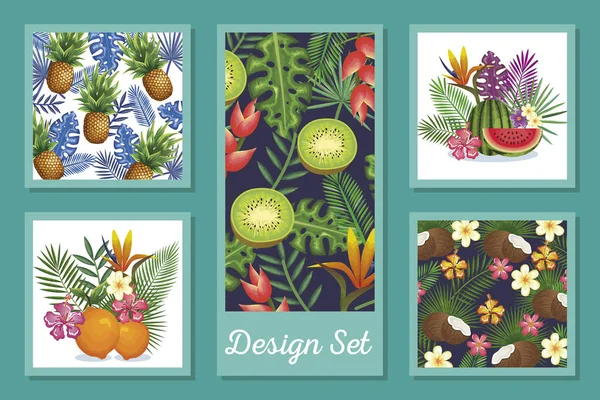 Diseño conjunto de frutas con flores y hojas tropicales — Vector de stock