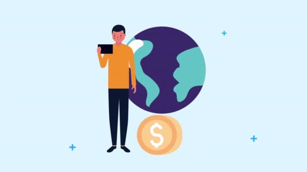 Бизнесмен с помощью смартфона с мировой планетой и монетой — стоковое видео
