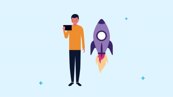 jeune homme d'affaires utilisant smartphone avec fusée 