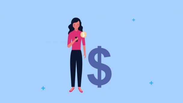 Mladá podnikatelka pomocí smartphone se symbolem peněz — Stock video