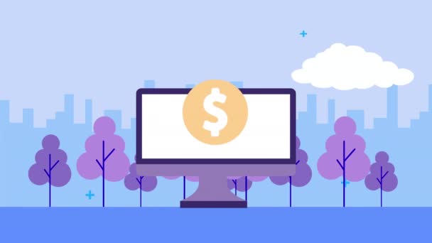 Desktop s penězi na mince v poli — Stock video