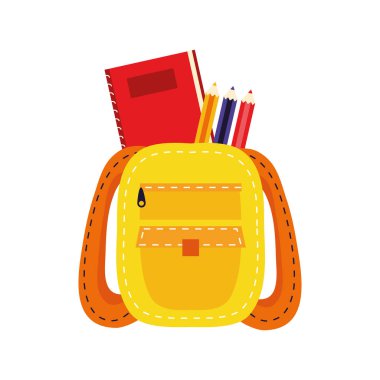 Not defteri ve renkli kalemleri olan okul çantası.