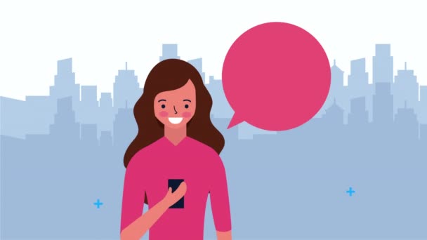 Businesswoman using smartphone with speech bubble — 비디오