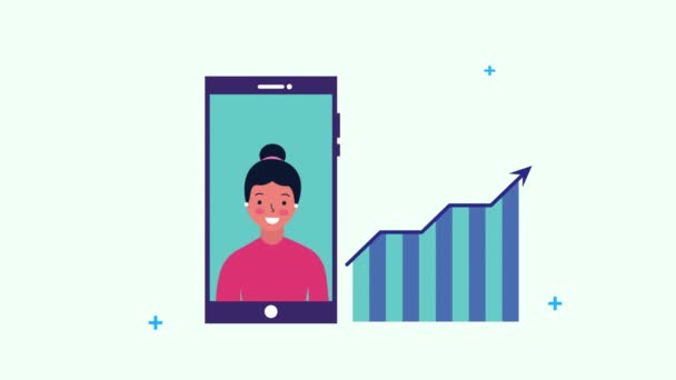Joven empresaria en smartphone con estadísticas — Vídeo de stock
