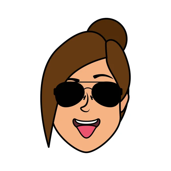 Cute young woman head with sunglasses character — 스톡 벡터